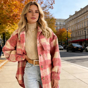 Oferta en Temu: Chaqueta estilo shacket a cuadros rosa para mujer, estilo casual, con botones, para otoño e invierno, ropa de calle, para uso diario. - Product Image 2