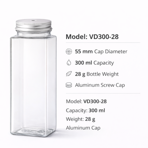 ขวด PET ใสทรงเหลี่ยม 300 มล. รุ่น VN300-3332 พร้อมฝาเกลียว สำหรับบรรจุภัณฑ์อาหารเกรดสำหรับน้ำผลไม้ ชา เครื่องดื่ม ผลิตในเวียดนาม ขายส่ง - Product Image 1