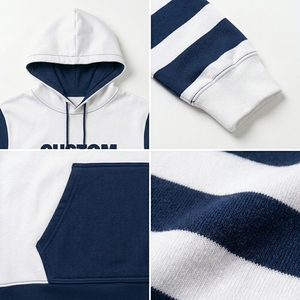Sudadera con Capucha Personalizada para Hombre, Blanca con Rayas Azul Marino en las Mangas, Tejido Casual de 370g, Diseño con Bolsillo y Estampado Frontal, Corte Regular, para Otoño - Product Image 5