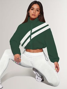 Female Crop Wind <b>Jacket</b> & High Waist <b>Workout</b> Leggings Set | Athletic Running Track Suit | Drawstring Hem Outerwear Combo - Product Image 1