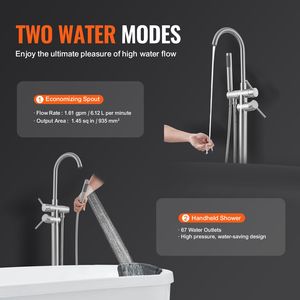 Rubinetto per vasca da bagno freestanding con doccia a pioggia, miscelatore a pavimento per vasca, rubinetto con beccuccio girevole a 360 gradi, due modalità di erogazione dell'acqua - Product Image 4
