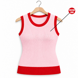Cosh International Sisterhood Sorority Pink Knitted Sleeveless Tank Top With <b>Red</b> Contrast Trim O-Neck Casual Wear All Seasons - Product Image 1