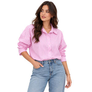 T-shirt rose rayé à col rabattu et manches longues pour femme, respirant, coupe ample, idéal pour le printemps/été et le quotidien - Product Image 2