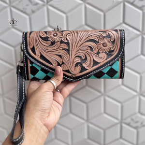 Étui de téléphone en cuir véritable fait main de luxe, motif à carreaux élégant, multi-usages, portefeuilles en cuir véritable pour femmes - Product Image 1