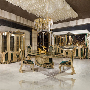 Ensemble de meubles de salle à manger de style royal français antique européen, table ovale en bois massif vert émeraude, classique doré - Product Image 1