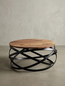 Mesa de Centro Moderna Redonda con Tapa de Madera y Estructura Metálica, Mueble Decorativo para Sala de Estar - Product Image 2