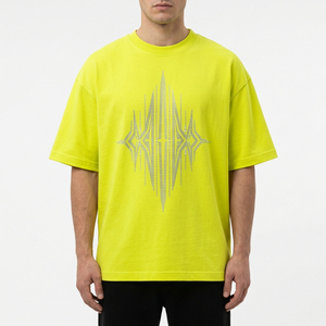 T-shirt à manches courtes pour homme, jaune fluo, col rond, motif géométrique en strass, coupe classique, jersey respirant en coton, vêtements décontractés - Product Image 5