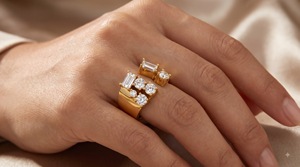 Open Wide Band Baguette Cluster Trendy 14K Yellow Gold IGI Certified Lab Grown Diamond <b>Statement</b> <b>Ring</b> for Anniversary Party - Product Image 3