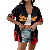 Jersey Bisbol Wanita Lengan Pendek Kerah V Bergaris Kancing Depan Longgar Cocok untuk Musim Panas dengan Patch Bendera Amerika