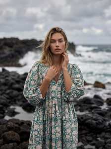 Floral Print V-Neck Midi <b>Dress</b> with Puff Sleeves <b>Loose</b> Boho Style Summer Casual Woven Formal Natural Waist - Product Image 3