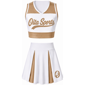 Ensemble d'uniforme de cheerleading sublimé blanc et marron sans manches, haut et jupe pour équipe sportive, tenue de sport pour entraînement, performance et compétition - Product Image 1