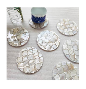Elegant Mother of Pearl Inlay <b>Coaster</b> Round Mother Of Pearl Inlay <b>Coaster</b> <b>Set</b> 6 Pcs Glam Design Non Slip - Product Image 1