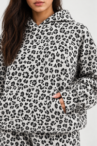 <b>Women</b> <b>White</b> Black Leopard Print Embroidery Breathable Ecofriendly Lined Full Hooded Long Sleeve Casual Streetwear Premium <b>Hoodie</b> - Product Image 4