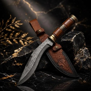 Cuchillo de caza hecho a mano de acero de Damasco con hoja de punta caída, mango de madera y hoja dentada en funda de cuero. - Product Image 1