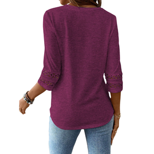 Women's Purple <b>Long</b> <b>Sleeve</b> Lace Trim Blouse Solid Color Round Neck Pullover <b>Top</b> for Daily Wear - Product Image 2
