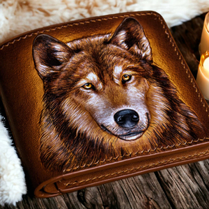 Cartera Bifold de Cuero Genuino 100% de Primera Calidad con RFID, Diseño Retro con Cara de Lobo Tallada, Color Marrón Oscuro, para Hombre, con Espacio para Efectivo y Tarjetas - Product Image 4