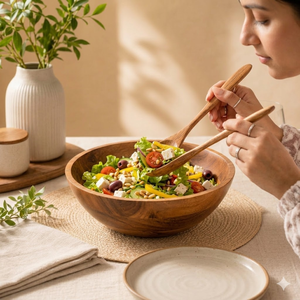 Bol à salade en bois d'acacia naturel |   Grand saladier rond en bois à grain unique pour fruits, pâtes, collations, cuisine et table à manger - Product Image 3