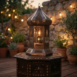Hexagon <b>Brass</b> <b>Lantern</b> With Intricate Cutouts For Home Decoration Durable Indoor Light Fixture - Product Image 6