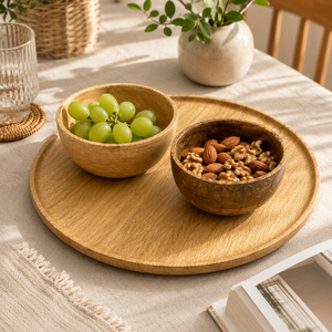 Plateau de service rond en bois artisanal avec bols |   Ensemble de service en bois pour collations et sauces |   Plateau rond multifonctionnel - Product Image 6