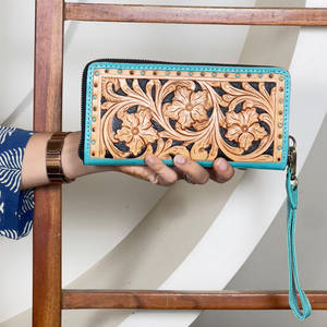 Beautiful Designer Hand Tooled Genuine Leather Women Wristlet Clutches Multi Floral Pattern Everyday Evening <b>Wallet</b> <b>Purse</b> - Product Image 4