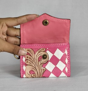 New Pink Diamond Embroidered Handmade Genuine Leather Mini Coin Purse Wrist Strap Snap Button Closure <b>Cute</b> Compact Design <b>Wallet</b> - Product Image 4