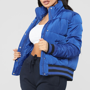 Custom Made Crop Solid Color Contrast Trim Women's Blue <b>Quilted</b> Bomber Jacket Full Zip Stand Collar Winter <b>Thick</b> Puffer Coat - Product Image 3