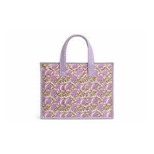 Bolso Acolchado de Algodón con Diseño Floral Morado Estilo Boho, Bolso Tote Blanco de Gran Capacidad con Ribete a Rayas, Obra Maestra de Alta Calidad - Product Image 1