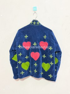 <b>Velvet</b> Embroidered Jacket <b>Women</b> Mandarin Collar Full Sleeve Heart Applique Autumn <b>Coat</b> Handmade Design - Product Image 5