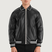 Blouson bomber en cuir PU noir pour homme avec garniture blanche, fermeture éclair, col rabattu, coupe classique, vêtement d'automne
