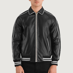 Men's Black PU Leather Bomber Jacket With White Trim Zip Closure Turn-down Collar Regular Fit Autumn Wear - Product Image 3