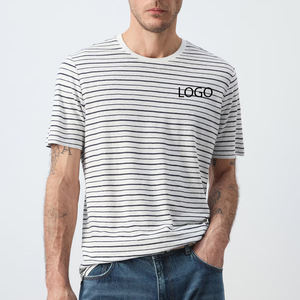T-shirt en lin à col rond et manches courtes, coupe ajustée, rayé, en jersey ultra-peigné/coton, pour homme, avec un design élégant - Product Image 1