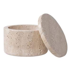Boîte de rangement en marbre travertin avec pot en pierre de travertin naturel avec couvercle, petit récipient décoratif rond pour la maison ou le bureau - Product Image 1