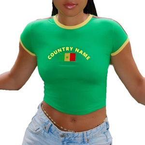 Women's <b>Red</b> <b>Crop</b> <b>Top</b> Crew Neck Short Sleeve Embroidered Flag Logo Casual Knitted T-Shirt - Product Image 4