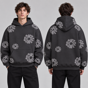 Sweats à capuche imprimés violet foncé avec motifs floraux lilas, commandes en gros, vêtements décontractés, streetwear, texture en relief, options de tailles - Product Image 1