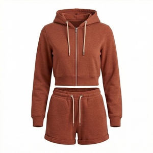 Conjunto de Sudadera con Capucha de 2 Piezas para Mujer, Top Corto de Forro Polar de Color Sólido y Pantalones Cortos por Encima de la Rodilla, Ropa Casual para Todas las Temporadas - Product Image 1