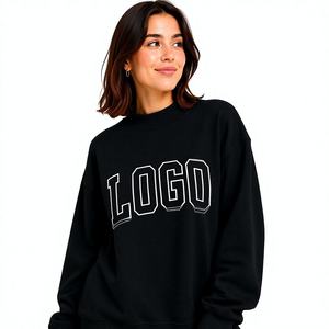 Sweat-shirt à col montant en tricot surdimensionné pour femme, couleur noire, manches longues, avec impression de logo blanc, tissu polaire, vêtement décontracté - Product Image 1