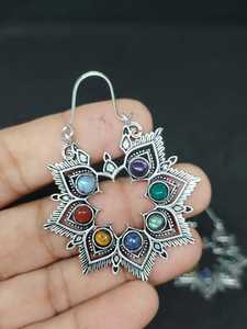 Handmade 7 Chakra Brass <b>Earrings</b> | Natural Gemstone Gold Plated Brass Dangle <b>Earrings</b> | Healing Crystal Jewelry | Wholesale Jewe - Product Image 4
