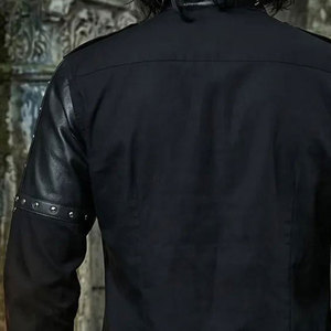Gothic Shirt <b>Men</b> Black Leather Panel <b>Studded</b> Snap Button Top Steampunk Dark <b>Mens</b> Goth Punk Collared Shirts - Product Image 6