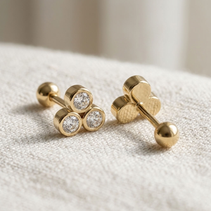 14K Solid <b>Gold</b> Triple Stone Round Brilliant Cut Diamond Bezel <b>Set</b> Stud <b>Earrings</b> for Women - Product Image 4