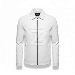 Custom Brand <b>Men's</b> Genuine Leather <b>Jacket</b> <b>White</b> Office Casual Turn-down Collar Zip-Up Minimalist Style Breathable Eco-Friendly - Product Image 2