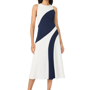 Vestido midi sin mangas con cuello joya para mujer, estilo color block, línea A, informal, de verano, para oficina - Product Image 1