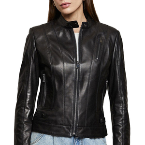Chaqueta de Motociclista de Cuero Genuino para Mujer, Manga Larga, Cierre de Cremallera, Cuello Alto, Estilo Otoñal - Product Image 5