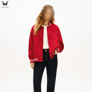 White & Red Color With Full Sleeve Turn Down Collar Button Closure Solid Color Autumn Wear Women Varsity Jacket For Wholesale - Product Image 3