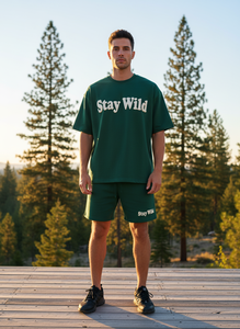 Men's Green Two-Piece <b>Set</b> Crew Neck T-Shirt Shorts Breathable Letter Print Casual Summer Wear Men's Oversized Streetwear <b>Set</b> - Product Image 6