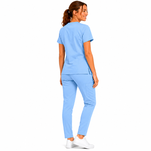 Women Doctor Light Blue V Neck Scrub Set Rayon Woven Hospital Uniform <b>Pants</b> <b>Stretch</b> Jogger <b>Cargo</b> Style Needle Detection - Product Image 2