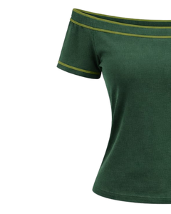 T-shirt vert forêt pour femme, épaules dénudées, avec bordure contrastée, manches courtes, coupe ajustée, décontracté, été, fabricant sur mesure - Product Image 3