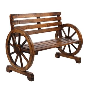 Rustic 2-Person Brown Wooden Wagon Wheel Bench with Slatted Seat and <b>Backrest</b> for Patio Use - Product Image 1
