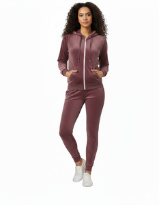 Sudadera Corta con Cierre Personalizada para Mujer, Sudadera con Logotipo Bordado Estampado, Pantalones Deportivos de Terciopelo, Conjunto de Dos Piezas de Chándal de Terciopelo - Product Image 3