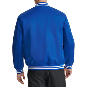 Chaqueta Varsity Personalizada para Hombre en Azul Rey con Ribete a Rayas, Chaqueta Bomber de Satén, Ropa Exterior Casual Universitaria al por Mayor - Product Image 4