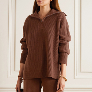 Suéter de Lana Marrón para Mujer, Cuello Alto, Manga Larga, Cierre de Cremallera 1/4, Grueso, Antipilling, Color Sólido, Ropa de Invierno - Product Image 2
